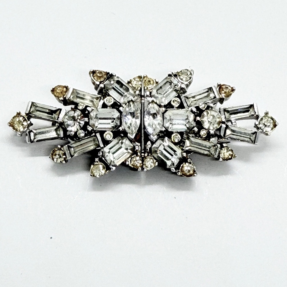 Vtg Duette Fur Clips Brooch Silver Tone Clear Rhinestones 2.5” Signed Pat. Pend